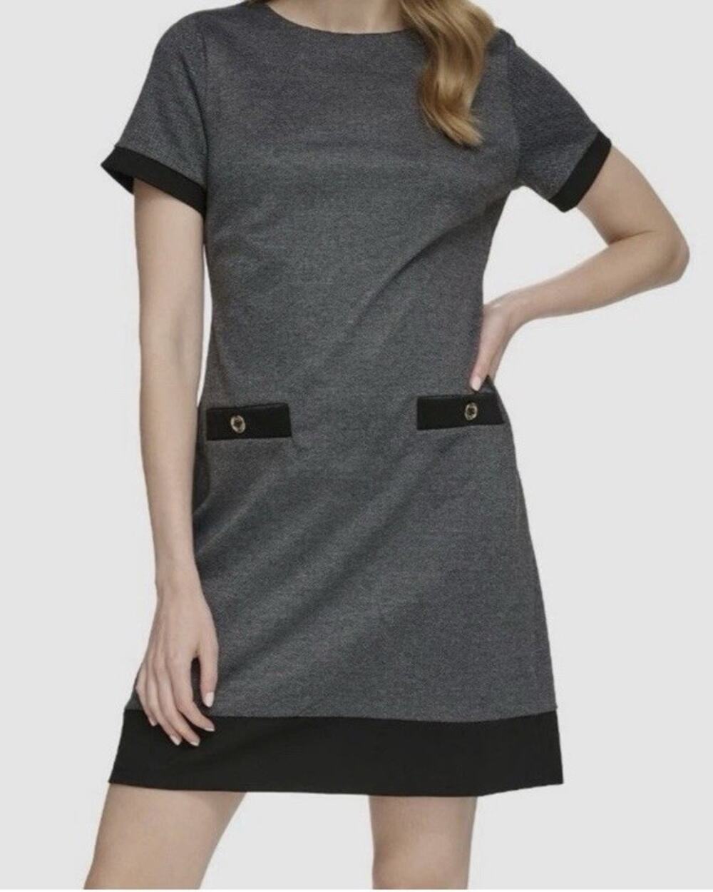 Tommy Hilfiger Womens Gray Herringbone Contrast-Trim Shift Dress Preppy Sz 10